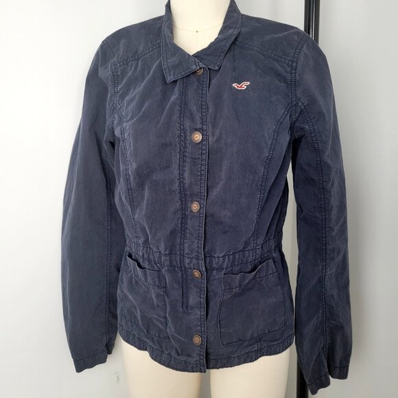 2010s Hollister Soft Faded Navy Utility Jacket Drawstring Waist, Button Front - Picture 12 of 12